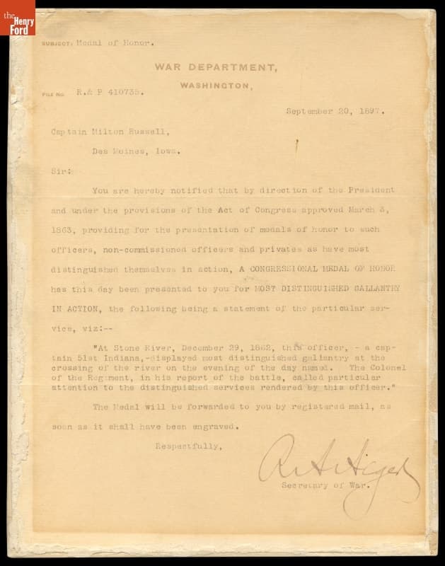 Letter to Milton Russell Notifying Him of Congressional Medal of Honor Award, 1897