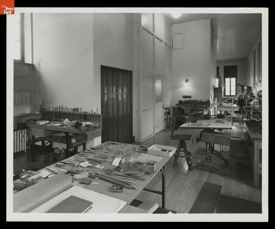 Workshop inside the Powerhouse at Fair Lane, 1951