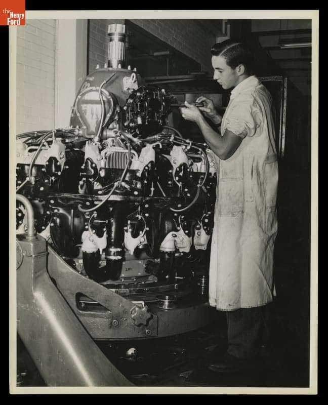 William Clay Ford at Work on Pratt & Whitney Aircraft Engines, Ford Rouge Plant, September 1943