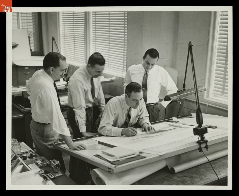 William Clay Ford (at right) with Robert Thomas, Harley F. Copp, and John Reinhart, Designing the Continental Mark II, February, 1953