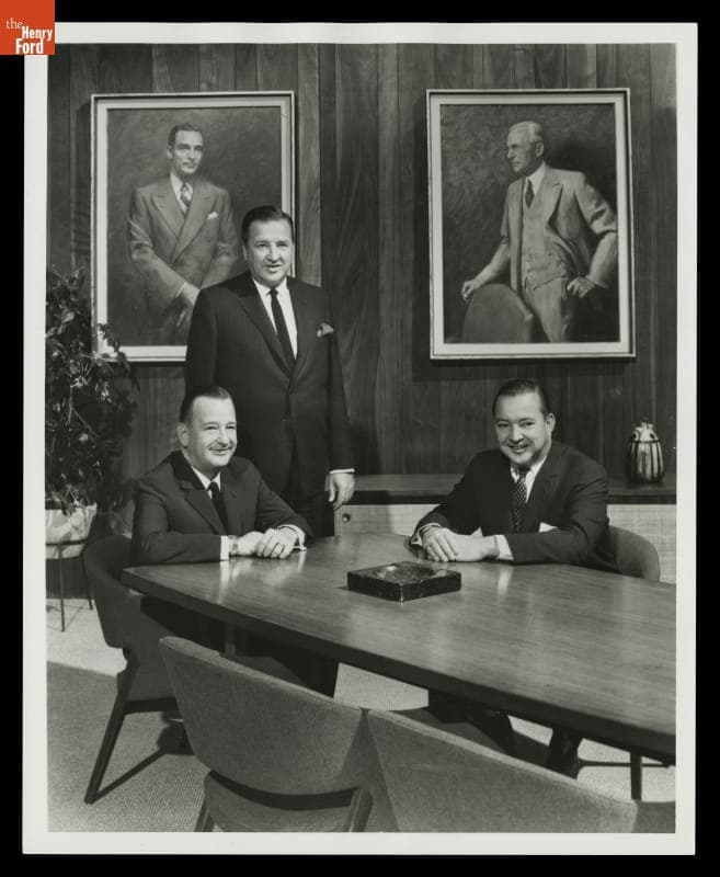 Benson Ford, Henry Ford II and William Clay Ford, with Paintings of Edsel Ford and Henry Ford, circa 1965