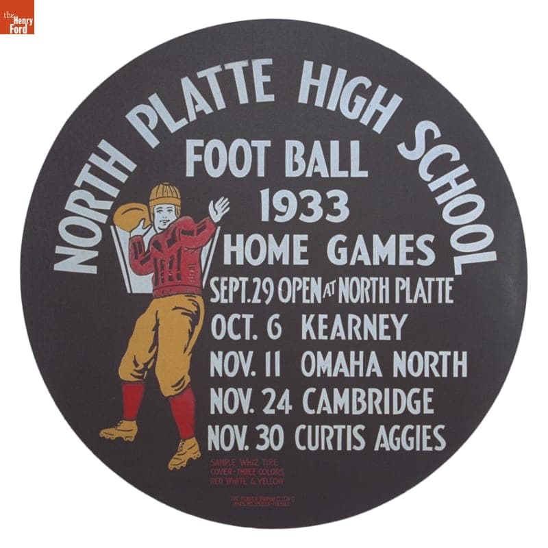 Sales Sample, Advertising Wheel Cover, "North Platte High School Football, 1933 Home Games"
