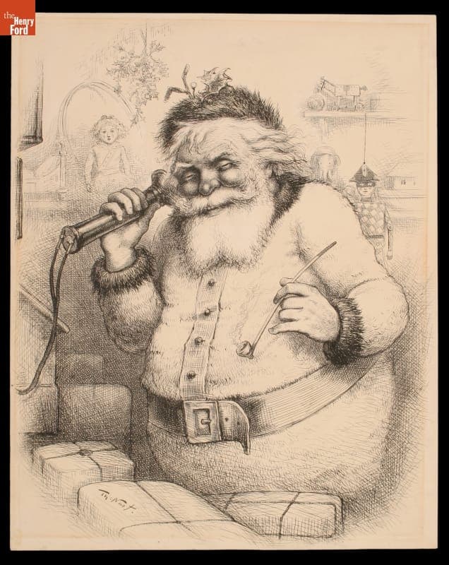 Pen and Ink Drawing by Thomas Nast, circa 1885, Santa Claus Telephoning