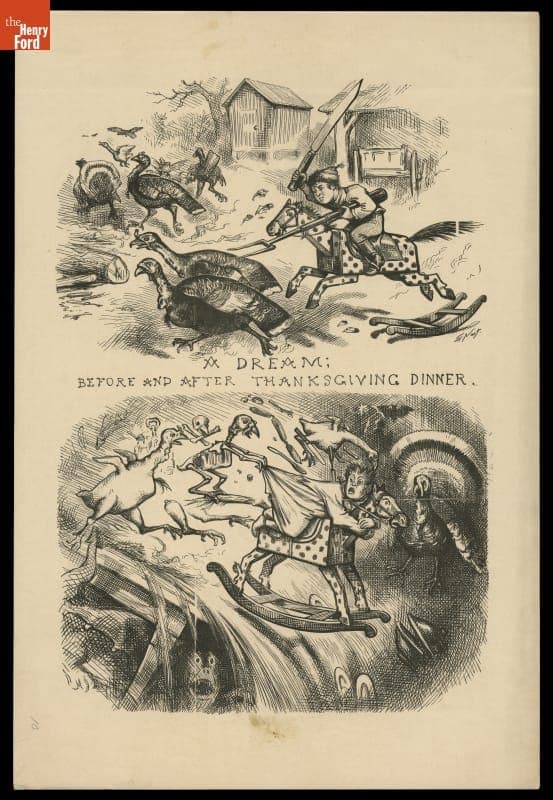 Etching Proof from a Thomas Nast Drawing, "A Dream, before and after Thanksgiving Dinner," 1878