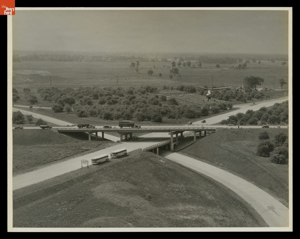 Helicopter Flying over 3-Level Highway, circa 1940
