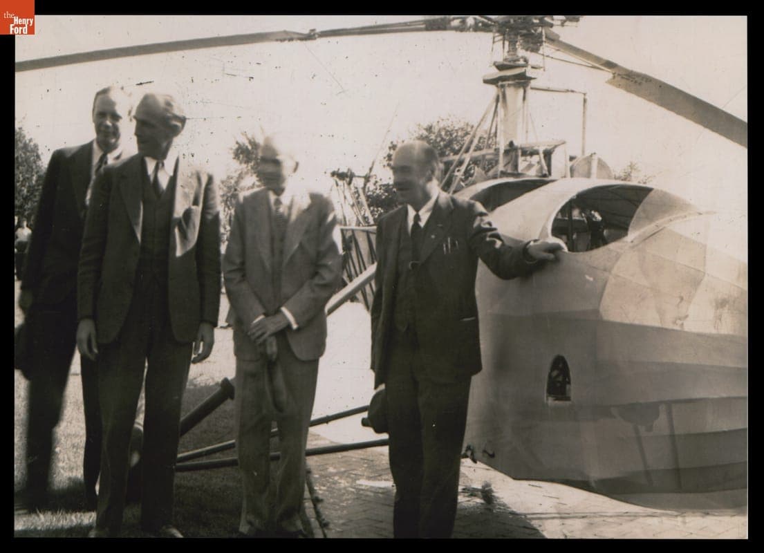 Charles Lindbergh, Les Morris, Henry Ford and Igor Sikorsky at the VS-300 Helicopter Presentation, October 7, 1943