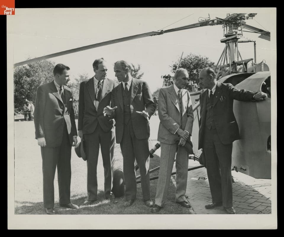 Henry Ford II, Charles Lindbergh, Les Morris, Henry Ford and Igor Sikorsky at the VS-300 Helicopter Presentation, October 7, 1943