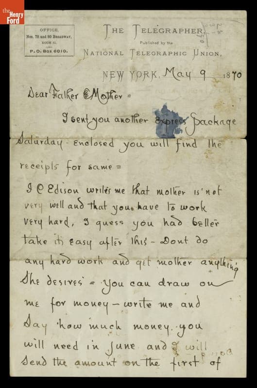 Letter from Thomas Edison to His Parents, May 9, 1870