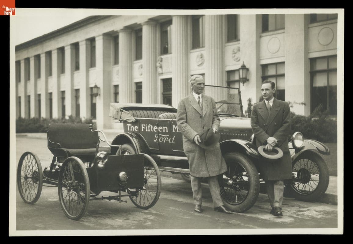 Henry Ford and Edsel Ford with 15 Millionth Ford Model T and 1896 Quadricycle, May 26, 1927