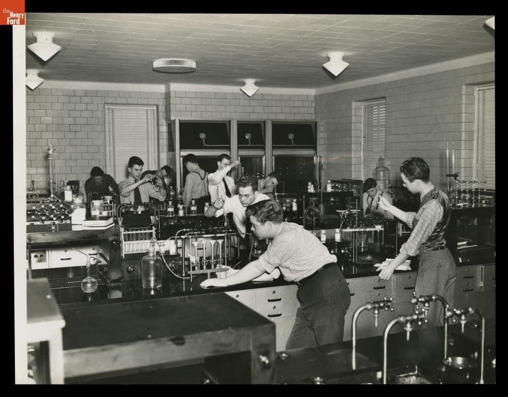 Edison Institute High School Students in Chemistry Laboratory in Lovett Hall, 1937
