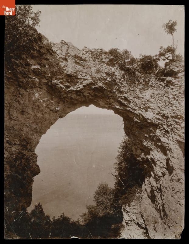 View of Lake Huron through Arch Rock, Mackinac Island, Michigan, 1899