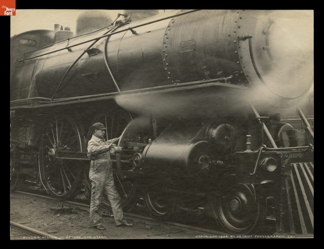 "Oiling Up Before the Start," Engineer Working on Michigan Central Railroad K-Class Locomotive, 1904