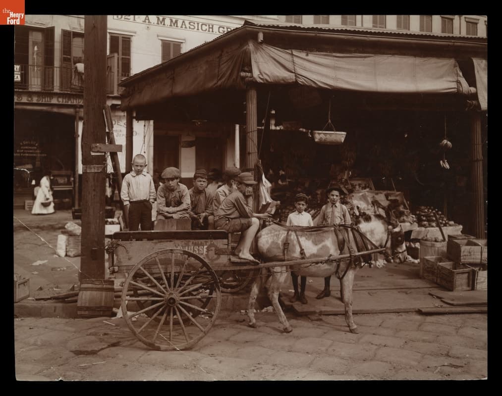 Boys on Donkey Cart, Street Corner of the French Market, New Orleans, Louisiana, circa 1905