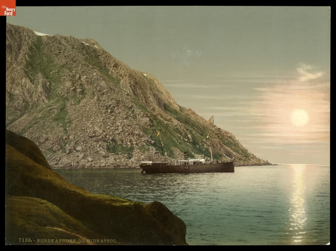 "Nordkaphorn og Midnatsol," Midnight Sun, Nordkapp, Norway, circa 1905