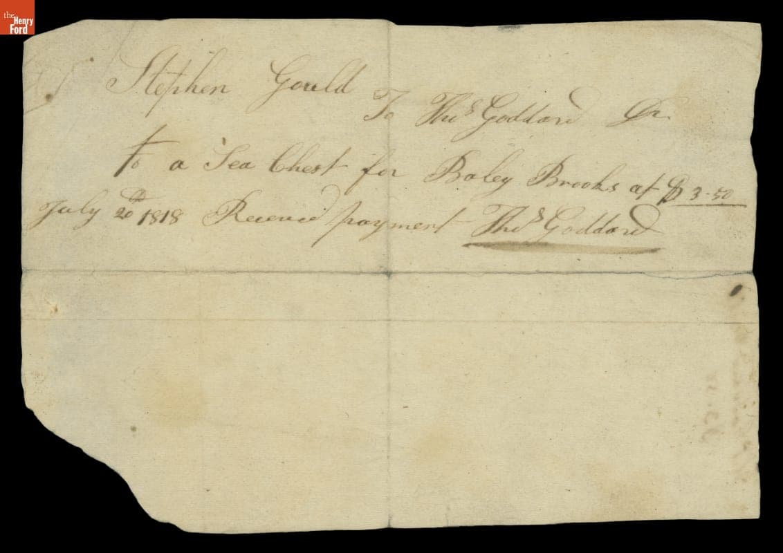 Receipt for a Sea Chest Purchased by Stephen Gould from Thomas Goddard, July 20, 1818