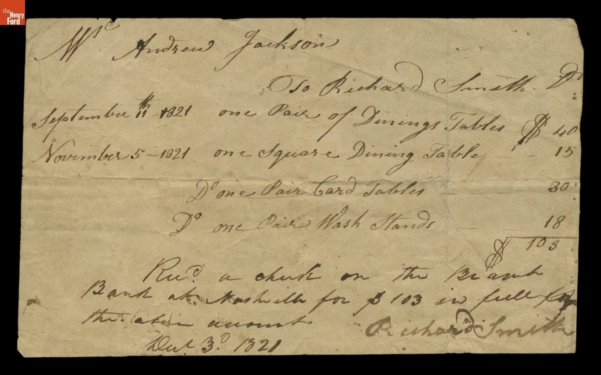 Receipted Bill for Furniture Made by Richard Smith for Andrew Jackson's Hermitage Plantation, 1821