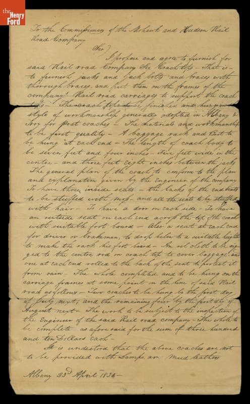 Contract between James Goold and the Mohawk & Hudson Railroad for Passenger Cars, 1831