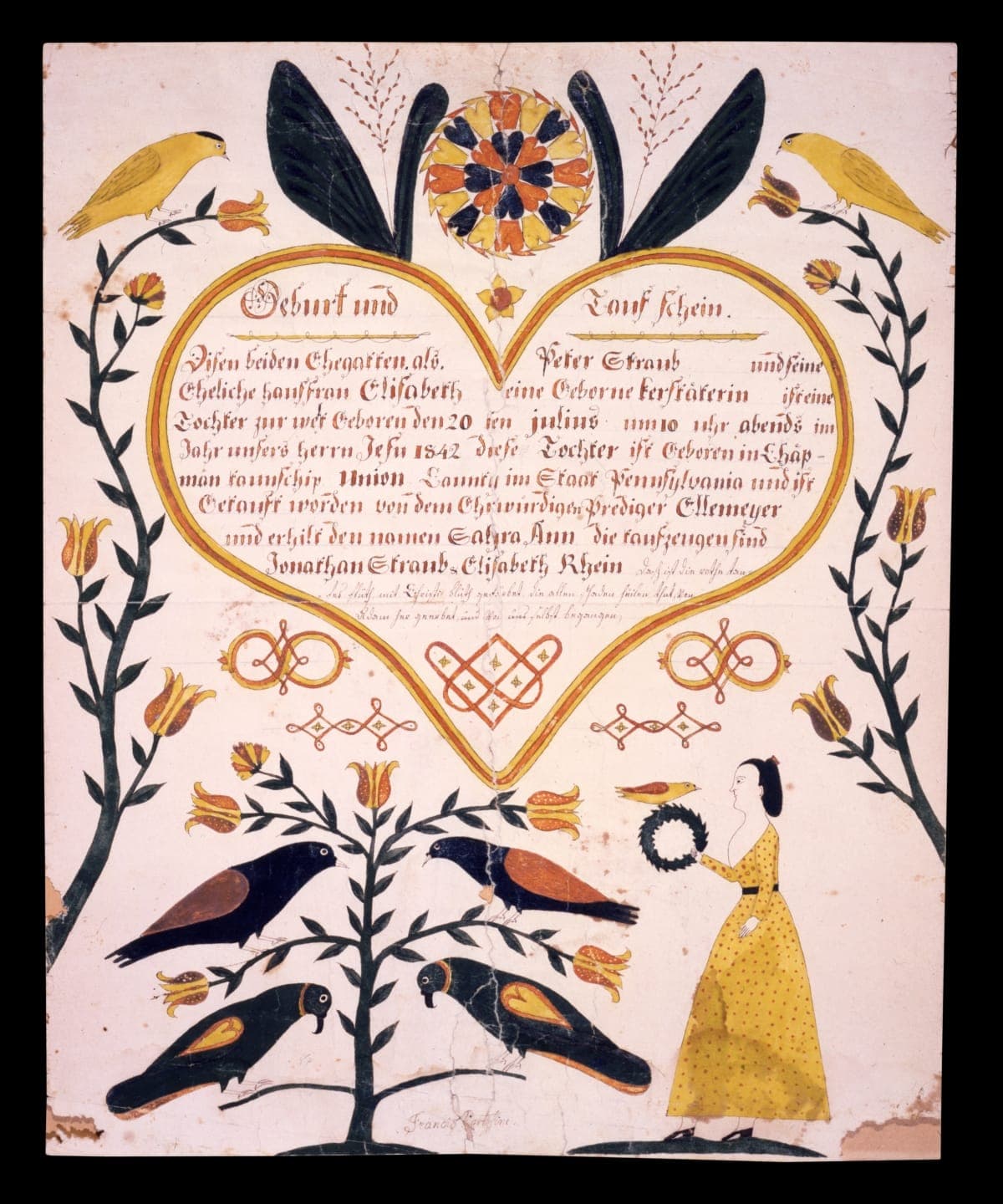 Birth and Baptismal Certificate for Sarah Ann Straub, circa 1842