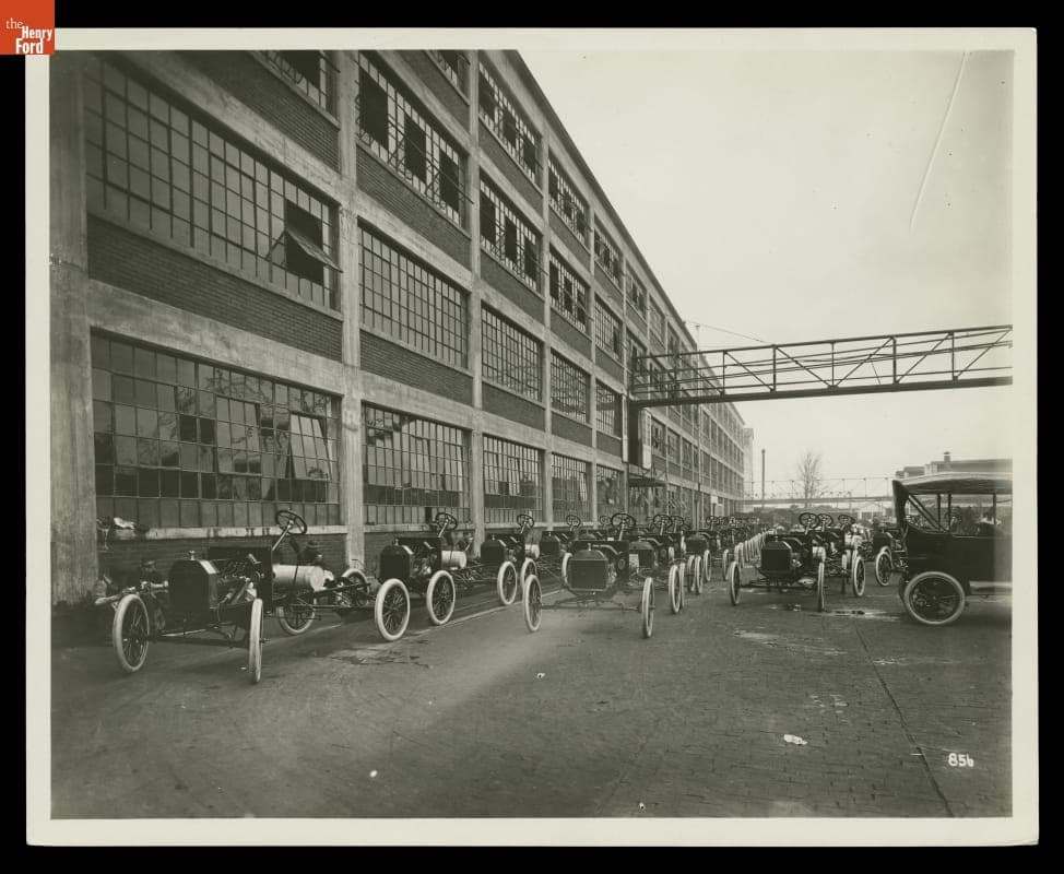 Line of Ford Model T Chassis outside the Highland Park Plant, 1914