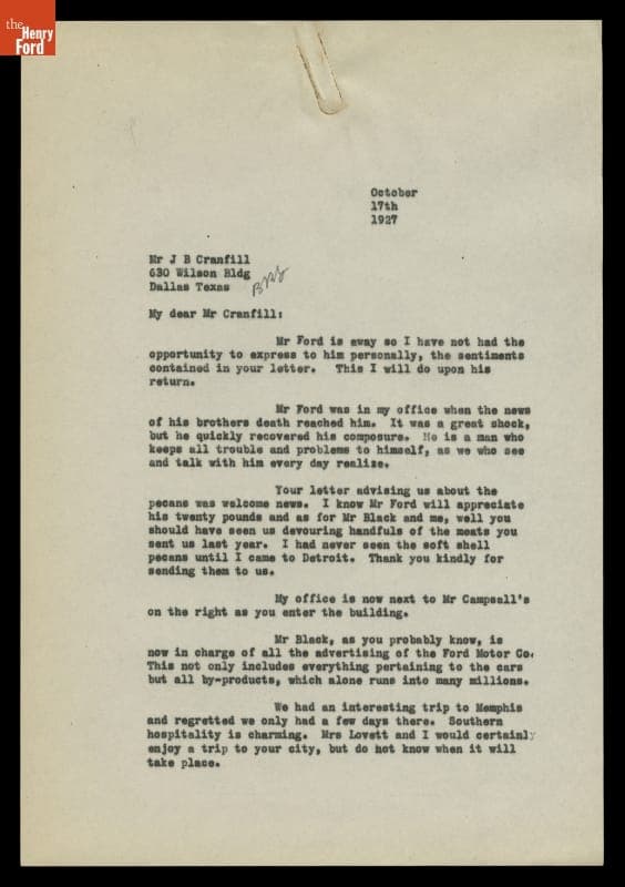 Letter from Benjamin Lovett to J. B. Cranfill, October 17, 1927