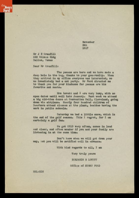 Letter from Benjamin Lovett to J. B. Cranfill, November 8, 1927