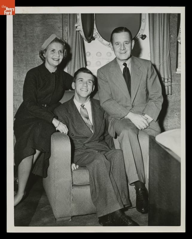 Elizabeth Parke Firestone, Harvey Firestone III and Harvey Firestone, Jr. upon Return from European Trip, October 22, 1950