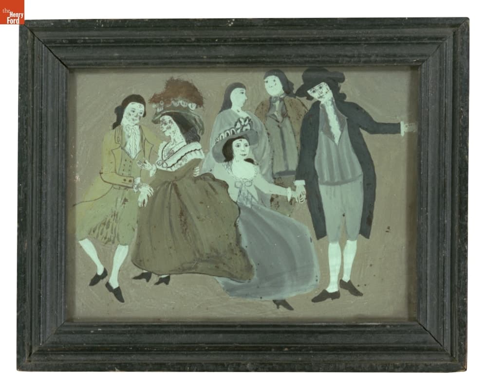 Gouache Reverse Painting on Glass, Group of Men and Women, by Poly Pitkin, 1740