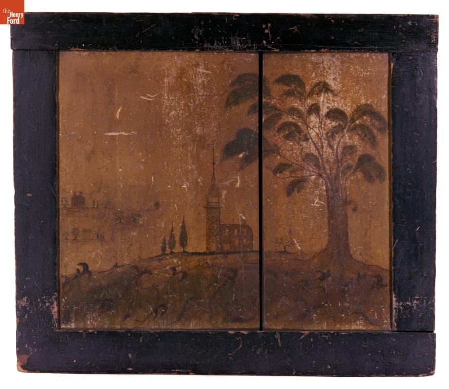 Oil Painting on Fireboard, Stone Church on a Hill, circa 1764