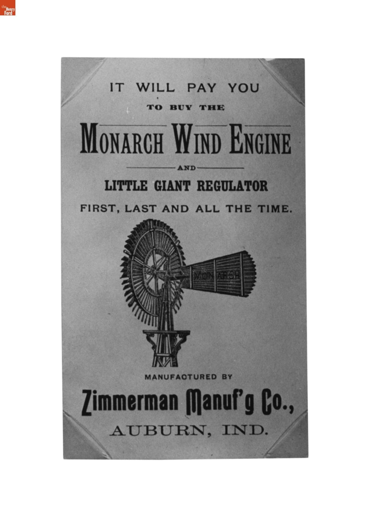 Trade Card for Zimmerman Manufacturing Company Monarch Wind Engine, circa 1880