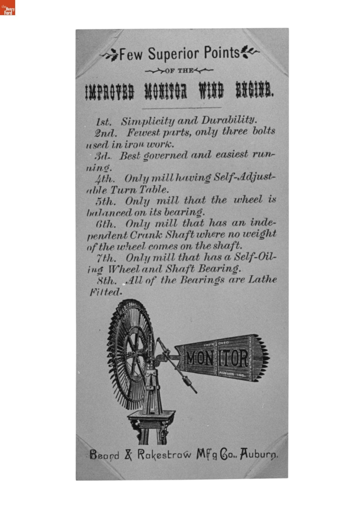 Trade Card for Beard & Rakestraw Manufacturing Company Improved Monitor Wind Engine, circa 1890
