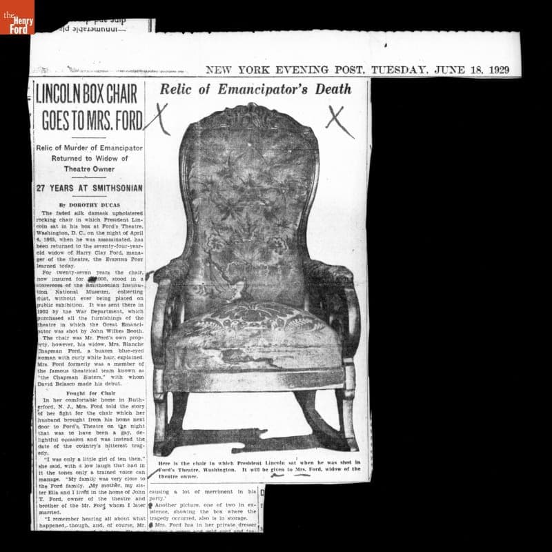 New York Evening Post Article from June 18, 1929, "Lincoln Box Chair Goes to Mrs. Ford"
