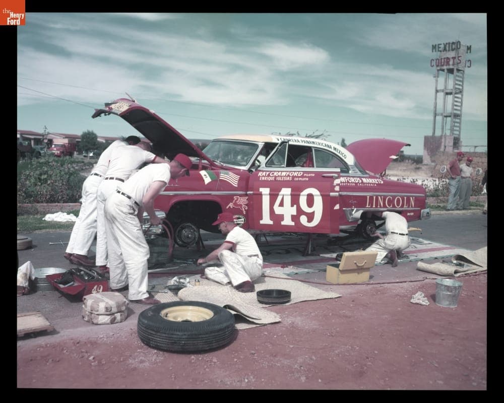 Mechanics Working on Lincoln Capri Driven by Ray Crawford and Enrique Iglesias at La Carrera Panamericana (Mexican Road Race), November 1954