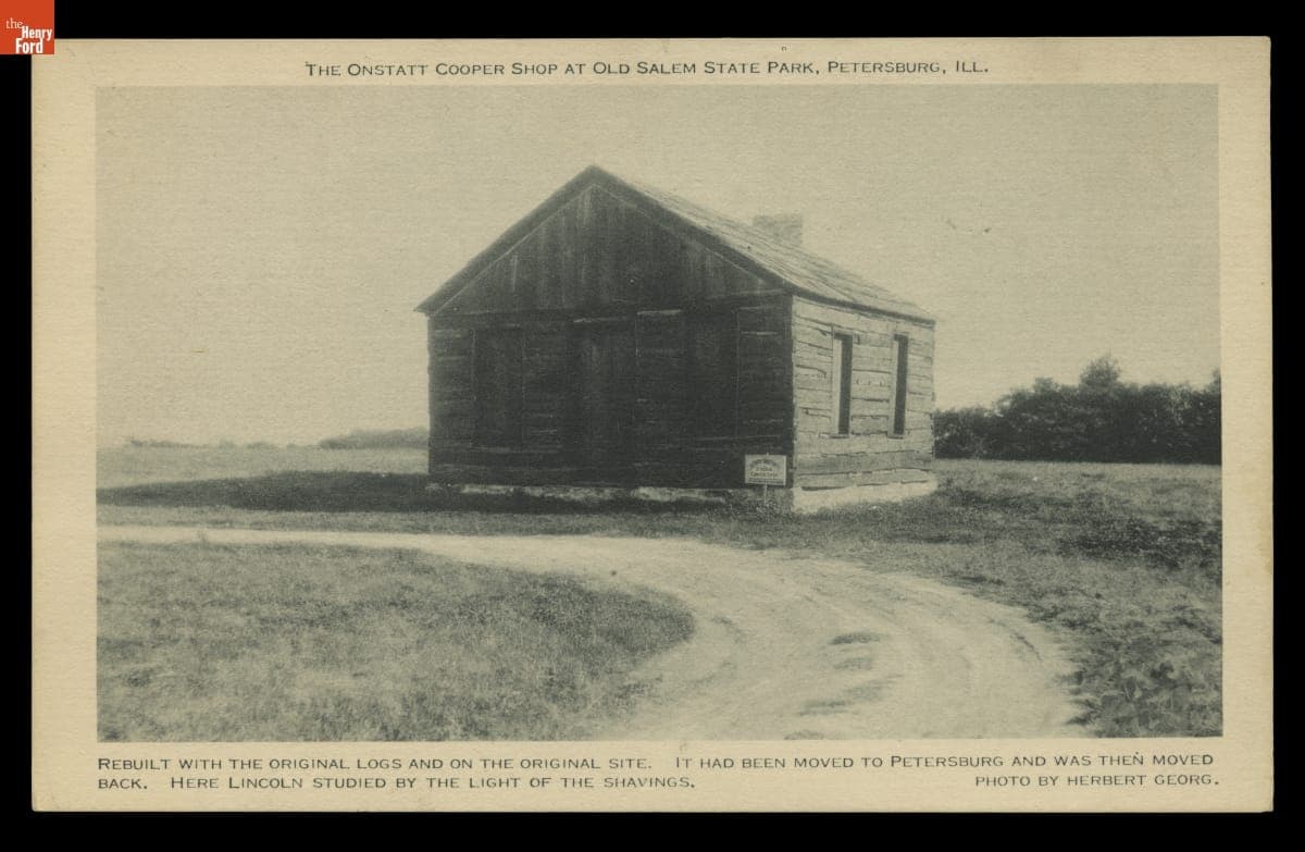 "The Onstatt Cooper Shop at Old Salem State Park, Petersburg, Ill.," circa 1920 Postcard