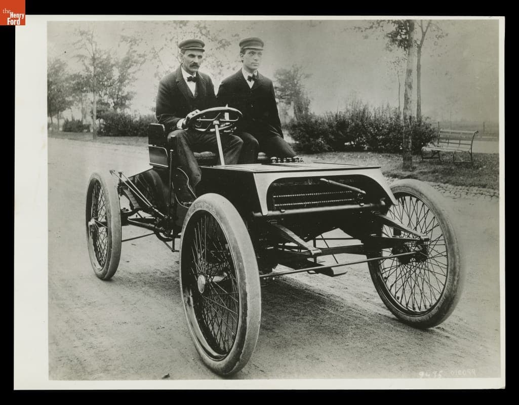 Henry Ford and Oliver Barthel Driving the Ford Sweepstakes Racer on West Grand Boulevard, Detroit, Michigan, August 1901