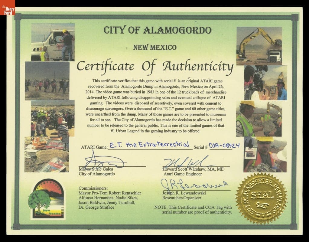 Certificate of Authenticity for Video Game Recovered in 2014 from the 1983 Atari Video Game Burial Site