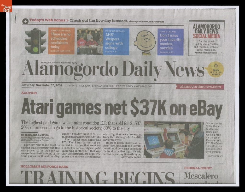 Front Page Story from the Alamogordo Daily News for November 15, 2014, "Atari Games Net $37K on eBay"