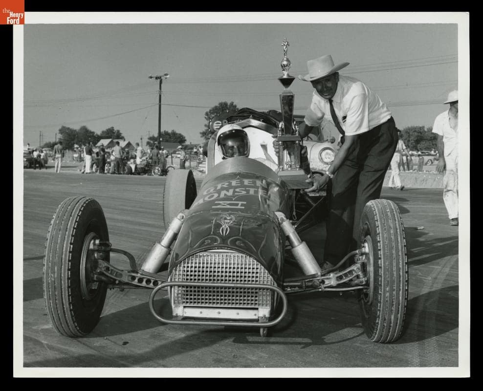 Art Arfons and Wally Parks with the Trophy for Top Speed, NHRA Nationals, Detroit Dragway, 1959