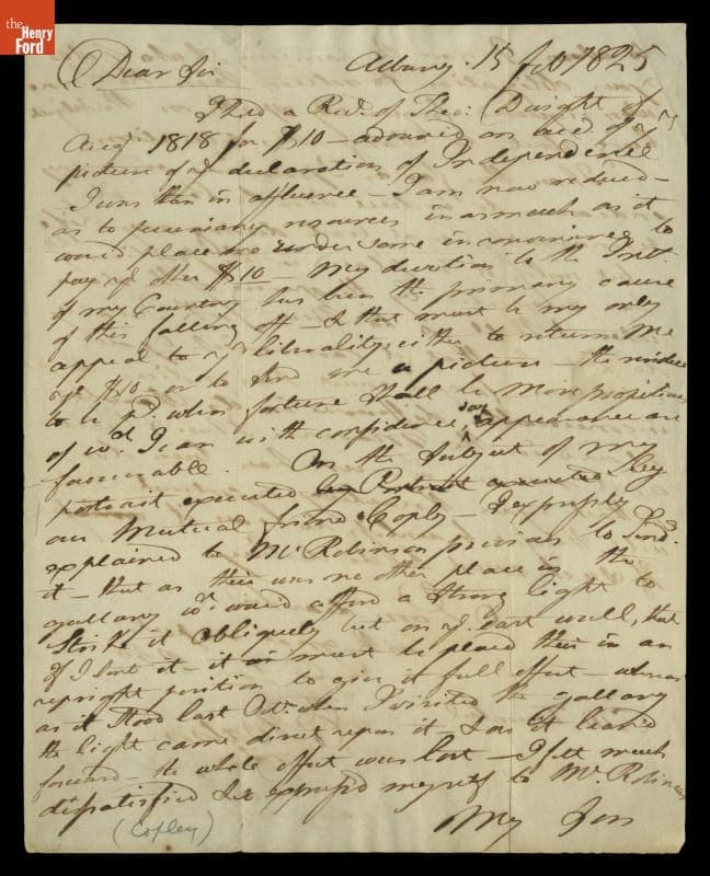 Letter to John Trumbull from Elkanah Watson, February 15, 1825
