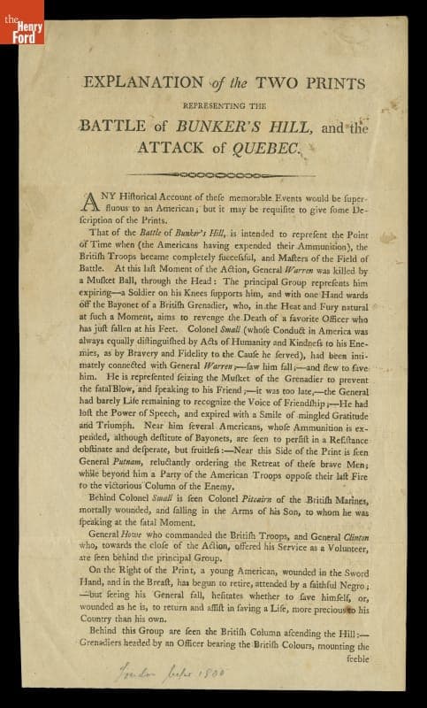 "Explanation of the Two Prints Representing the Battle of Bunker's Hill and the Attack of Quebec," 1785-1798
