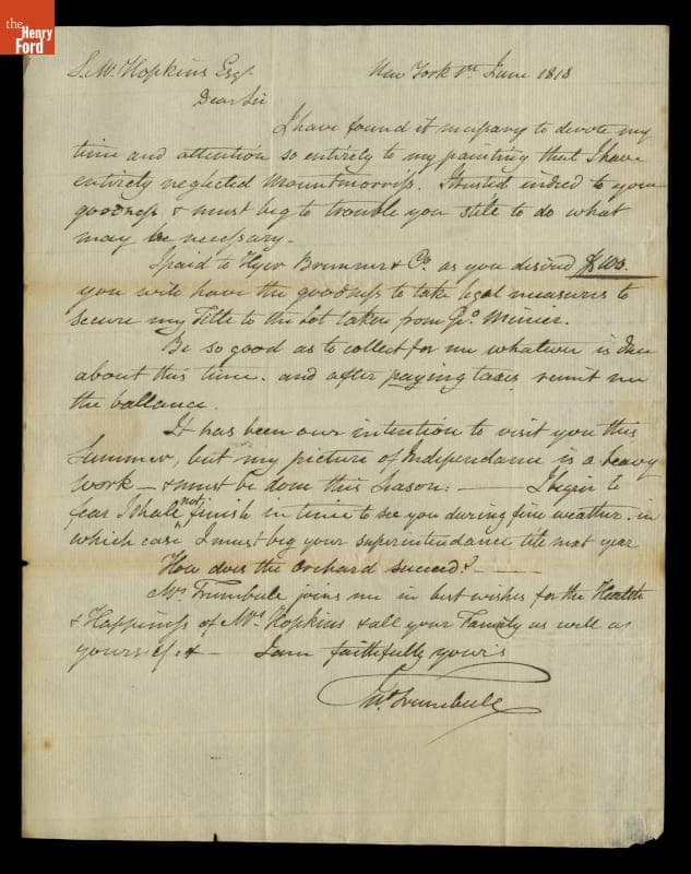 Letter from John Trumbull to Samuel M. Hopkins, June 1, 1818