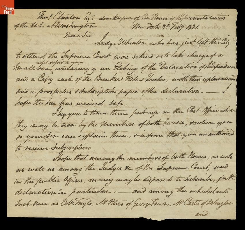 Letter from John Trumbull to Thomas Claxton, February 3, 1821
