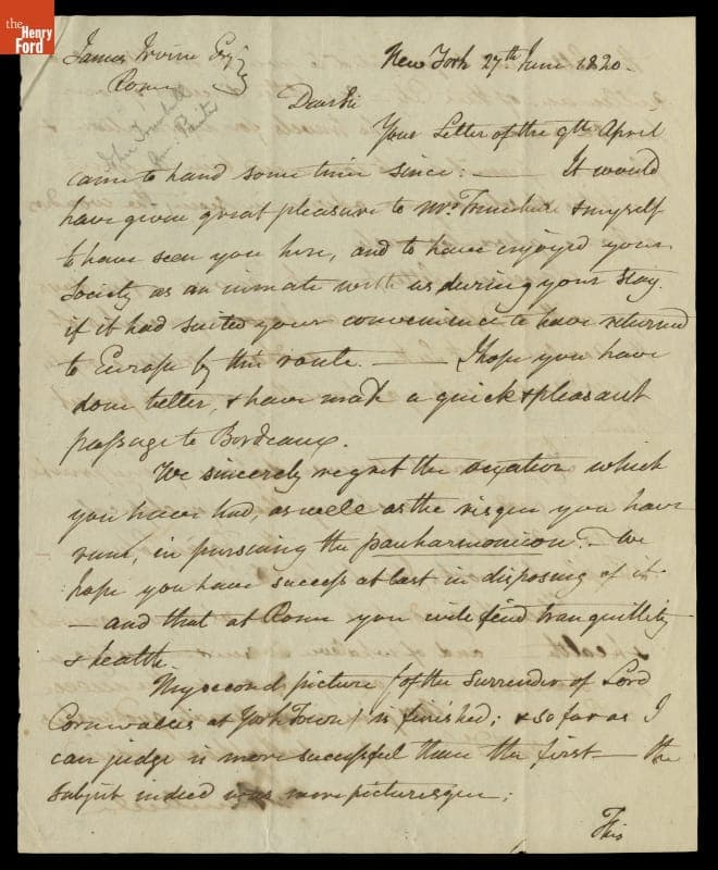 Letter from John Trumbull to James Irvine, June 27, 1820