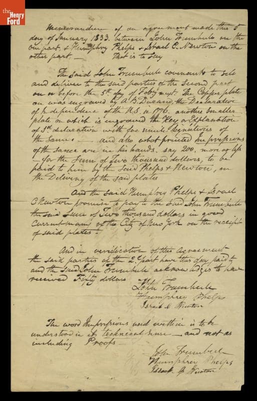 Agreement by John Trumbull to Sell the "Declaration of Independence" Engraving Plates, January 5, 1833