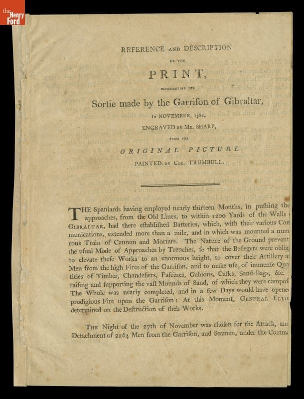 Pamphlet Advertising the Print of John Trumbull's Painting, "Sortie Made by the Garrison of Gibraltar," 1799
