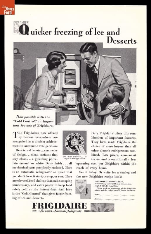 Frigidaire Refrigerator Advertisement, "Quicker Freezing of Ice and Desserts," July 1929