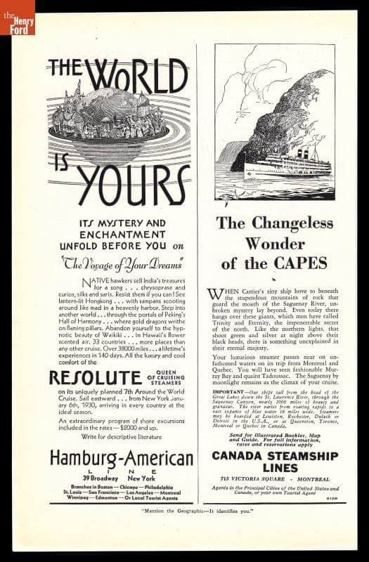 Steamship Lines Advertisements, "The World is Yours," and "The Changeless Wonder of the Capes," July 1929