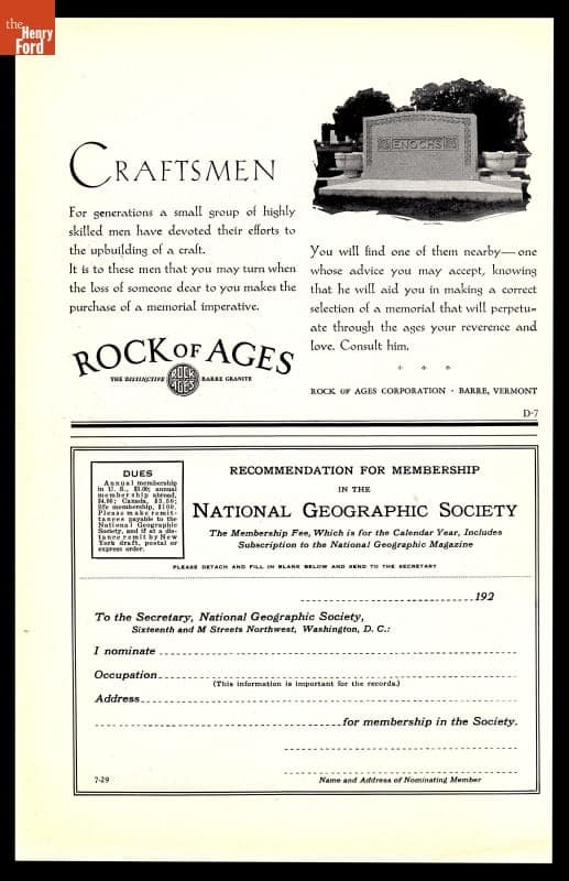 Rock of Ages Corporation Headstone Advertisement, "Craftsmen," July 1929