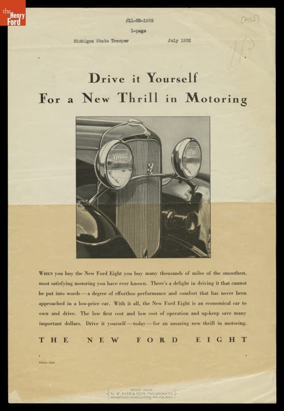 Advertising Proof for the 1932 New Ford V-8, "Drive it Yourself for a New Thrill in Motoring"