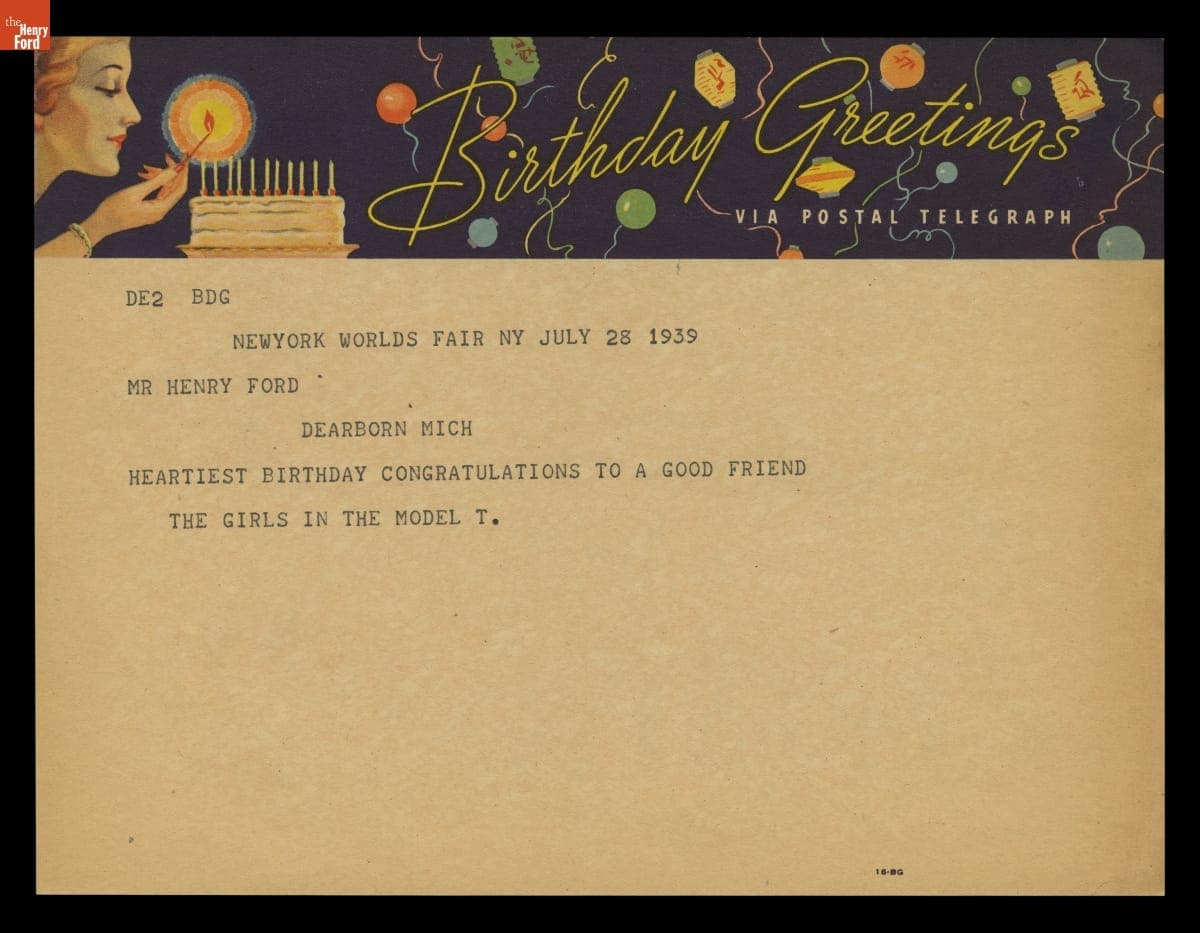 Birthday Greetings Telegram from "The Girls in the Model T" to Henry Ford, July 28, 1939