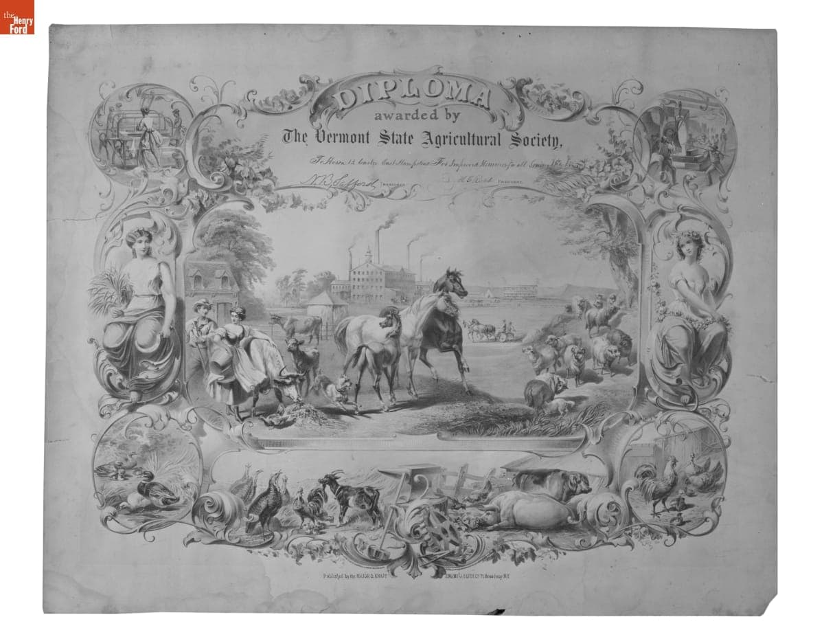 Diploma Awarded by the Vermont State Agricultural Society to Hosea B. Carter for an Improved Sewing Machine Hemmer, 1868